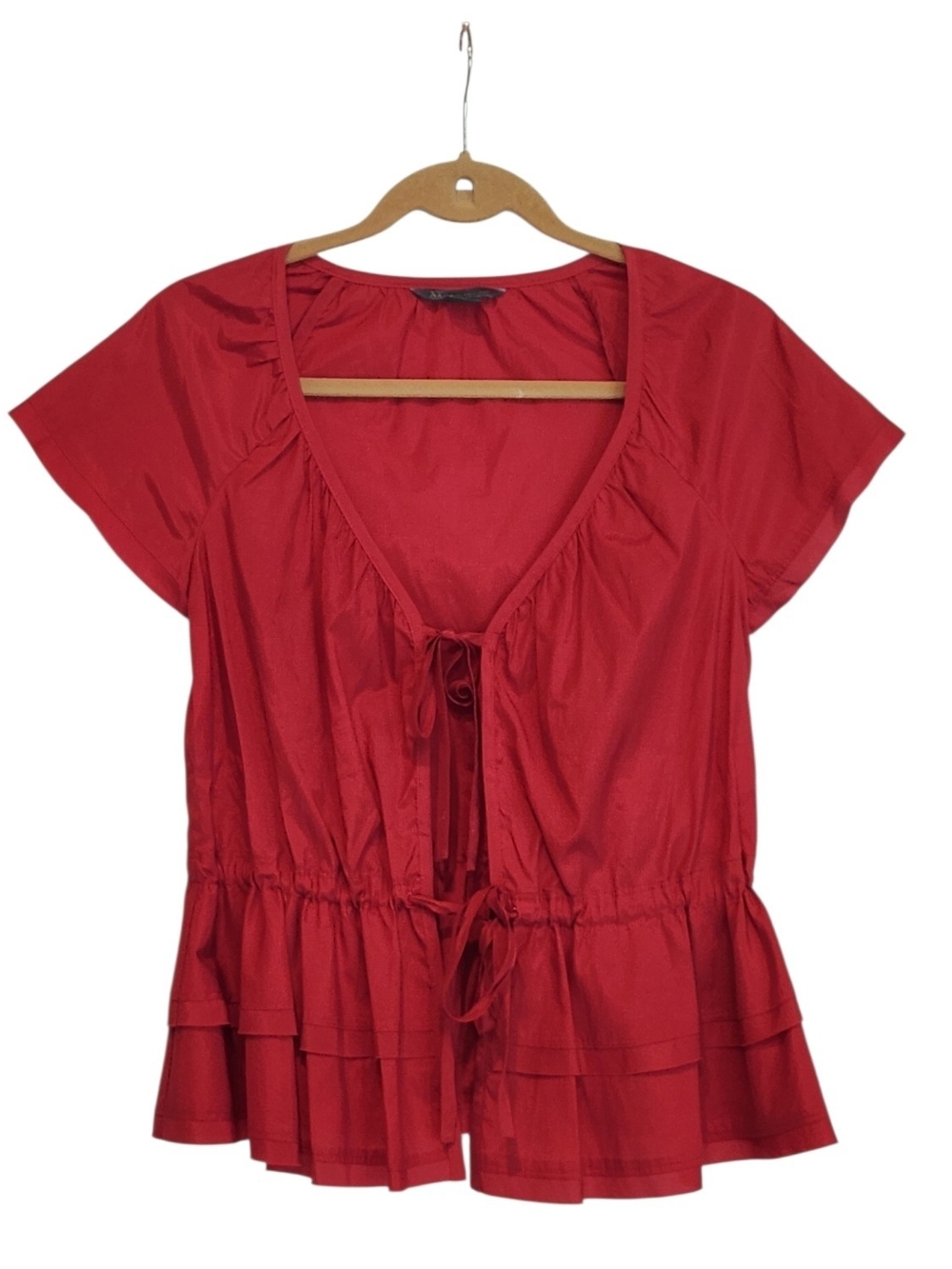 A/X Armani Exchange Red V Neck Tie-Front Poplin Tiered Peplum Y2K Top Small GUC